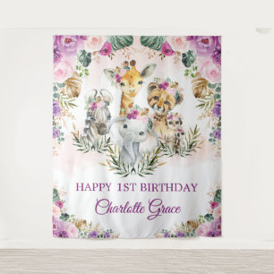 Lila Blush Jungle Safari Tiere Happy Birthday Wandteppich