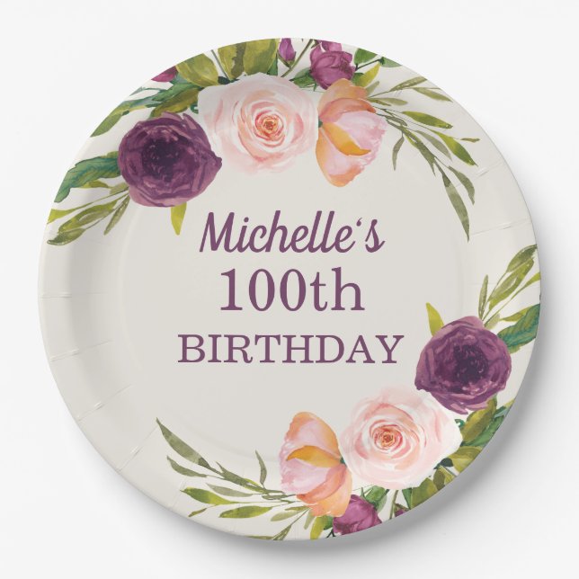Lila Blush Pink Bläsercreme 100. Geburtstag Pappteller (Vorderseite)