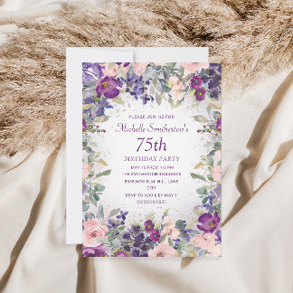 Lila Blush Pink Blumenblätterung 75. Geburtstag Einladung