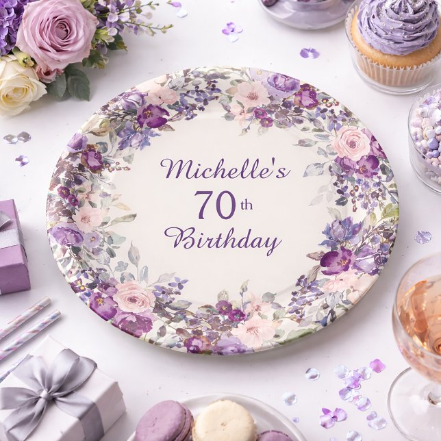Lila Blush Pink Floral Blätter 70. Geburtstag Pappteller (Purple and pink watercolor floral 70th birthday party paper plate)