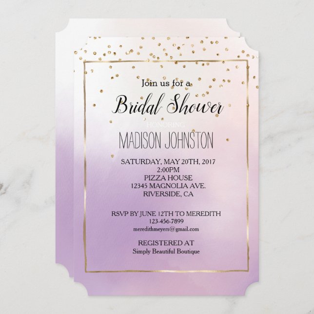Lila Blush Pink Nebel Romantische Goldfetti Einladung (Vorne/Hinten)