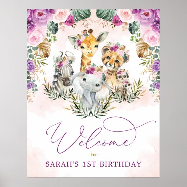 Lila Blush Wild Safari Tiere Geburtstag Willkommen Poster (Vorne)
