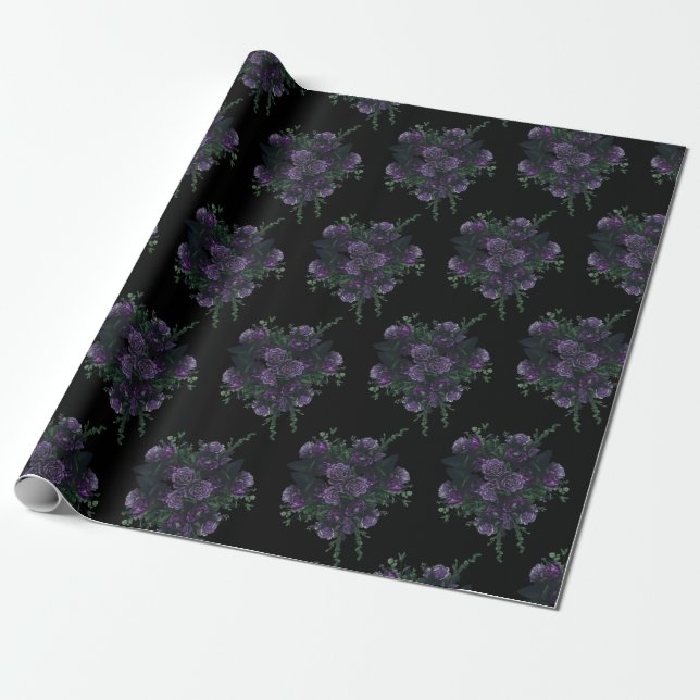 Lila Blüte auf Black Wedding Gothic Geschenkpapier (Ungerollt)