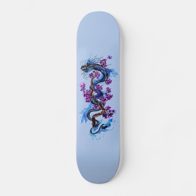 Lila Blüten des Blauen Drachen Skateboard (Vorderseite)