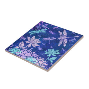 Lila Blüten Libelle Keramik Tile Fliese