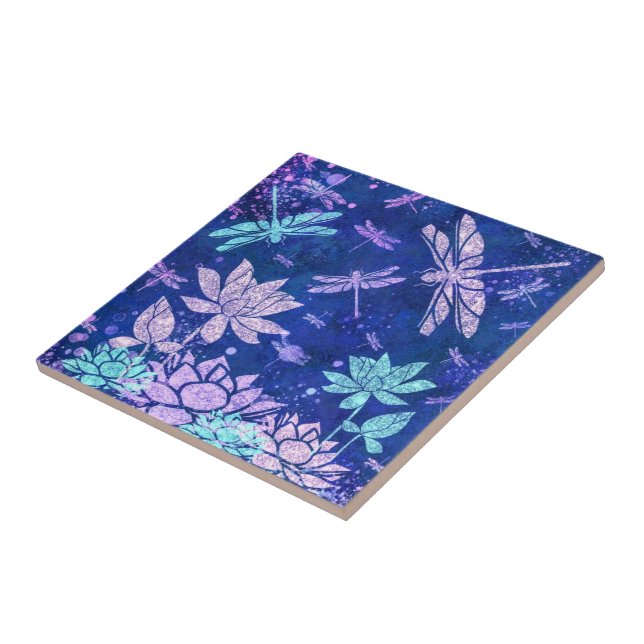 Lila Blüten Libelle Keramik Tile Fliese (Seite)