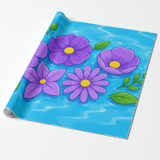 Lila Blüten mit grünen Blättern auf blauem Wasser Geschenkpapier
