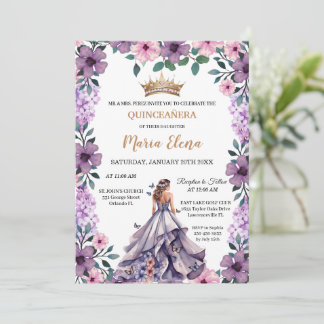 Lila Blüten und Schmetterlinge: Quinceañera Einladung