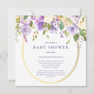 Lila Blütengoldakzent mit neutraler Babydusche Einladung