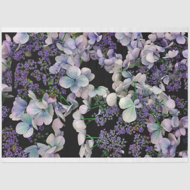 Lila Blütenmuster auf schwarzem Untergewebe Seidenpapier (Vorderseite)