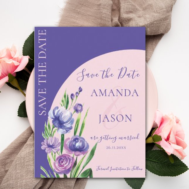Lila Blütenrot Elegante Hochzeit Save the Date Ankündigung (Von Creator hochgeladen)