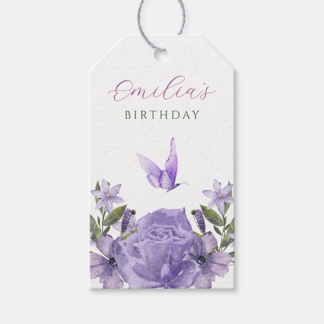 Lila Blütenschmetterling Geschenkanhänger (Vorderseite)