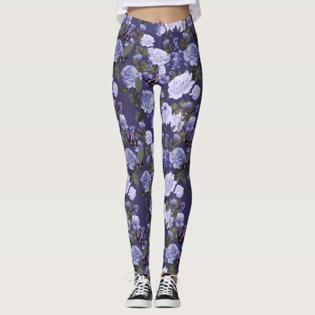 Lila Blütenschmetterlinge Leggings (Vorderseite)