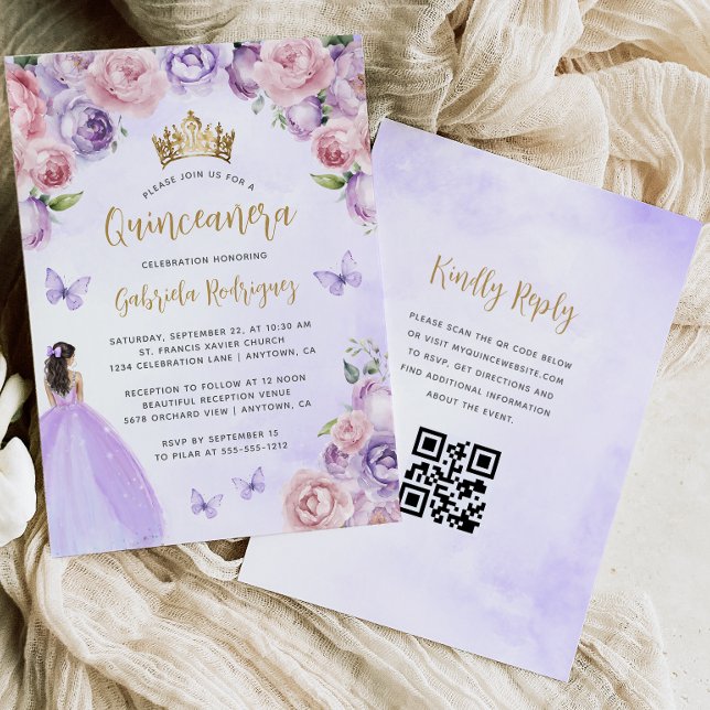 Lila Blütenschwarm Gold QR Code Quinceañera Einladung (Von Creator hochgeladen)