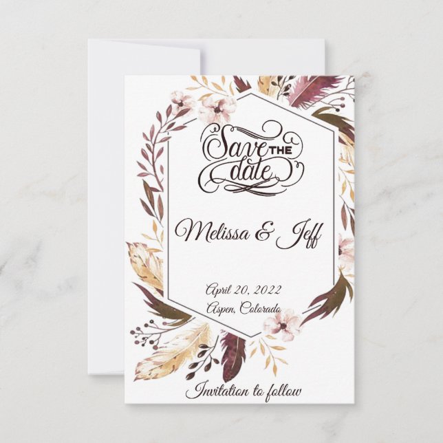 Lila Boho-Federn speichern das Datum Save The Date (Vorderseite)