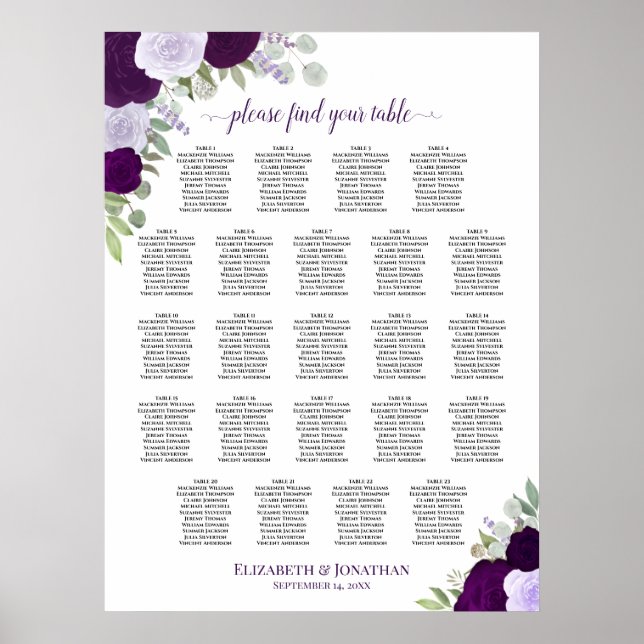 Lila Boho Floral 23 Tabelle Hochzeitskarte Poster (Vorne)