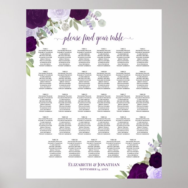 Lila Boho Floral 29 Tabelle Hochzeitskarte Poster (Vorne)