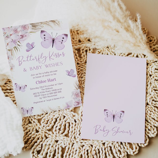 Lila Boho Floral Butterfly Kisses Baby Dusche Einladung (Purple Butterflies Baby Shower Invite Girl, Boho Floral Butterfly Kisses Invitations Online Editable)