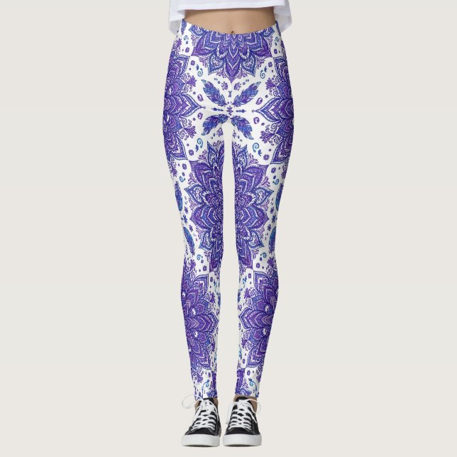 Lila Boho-Mandala-Blumenmuster-Leggings Leggings (Vorderseite)