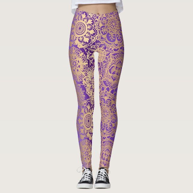 Lila Boho Mandala Pattern Yoga Leggings (Vorderseite)