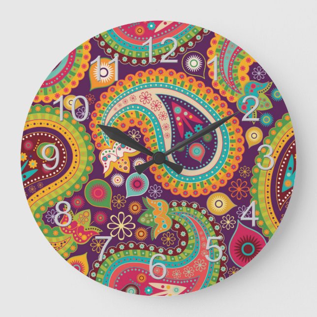 Lila Boho Paisley Große Wanduhr (Vorderseite)