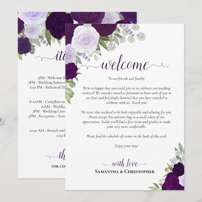 Lila Boho Rose Hochzeit Begrüßung & Tour Programm (Vorne/Hinten)