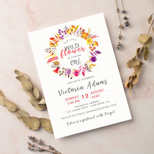 Lila Boho Wildblumen Kranz Foliage Geburtstag Einladung