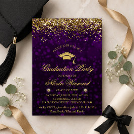 Lila Bokeh & Gold Glitzer Graduation Party Einladung