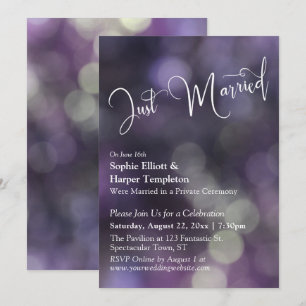 Lila Bokeh Light & "Just Married" Typografie Einladung
