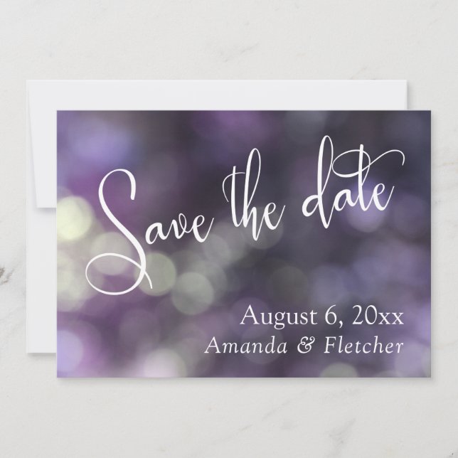 Lila Bokeh, Modernes Drehbuch Save the Date (Vorderseite)
