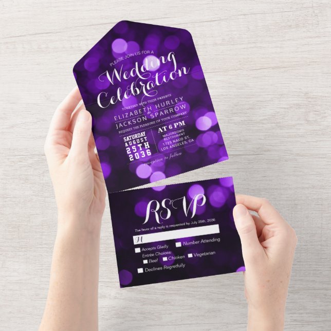 Lila Bokeh Sparkle Glitzer Lights Wedding RSVP All In One Einladung (Abreißen)