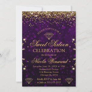 Lila Bokeh und Gold Glitter Sweet 16 Einladung