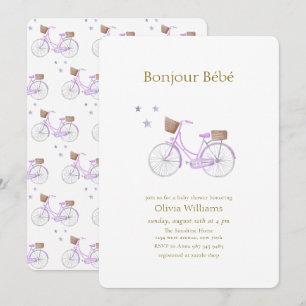 Lila Bonjour Bébé Stern Fahrrad Baby Shower Einladung