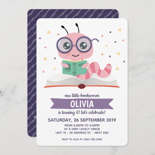 Lila Bookworm Book Geburtstagsparty Einladung (Vorne/Hinten)
