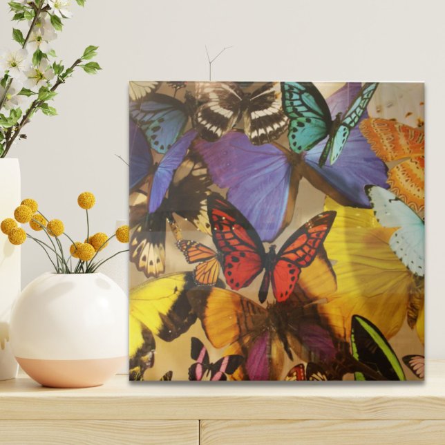 lila borange-farbiger tropischer Schmetterling Fliese (purple burgundy orange colorful tropical butterfly ceramic tile)