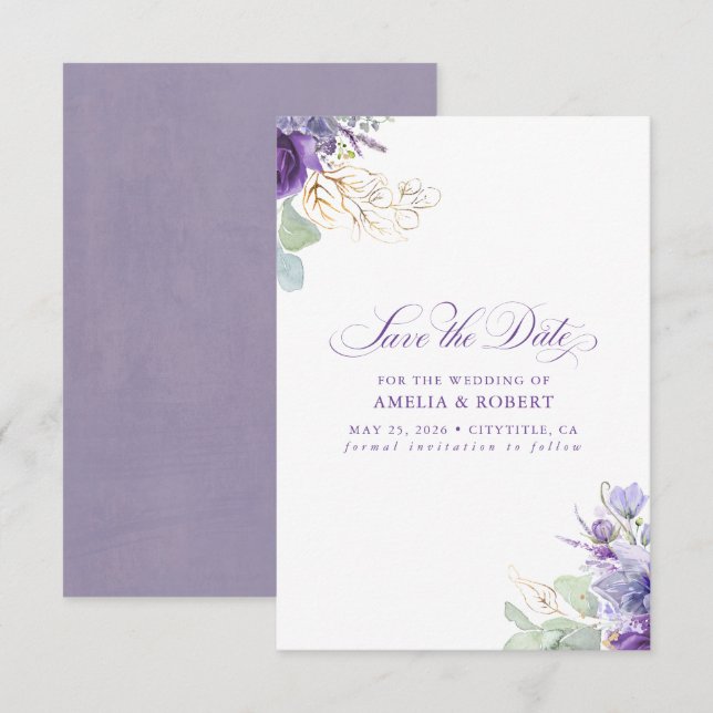 Lila Botanisch Elegant Save the Date (Vorne/Hinten)