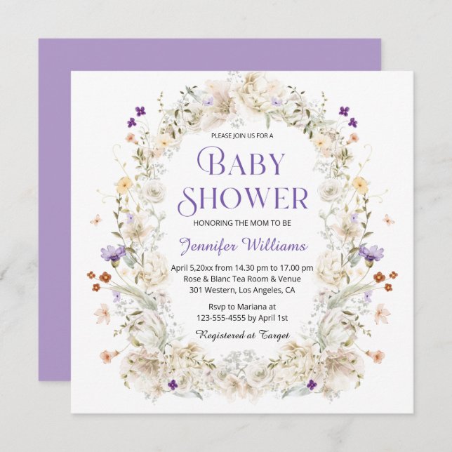 lila botanische Babydusche Einladung (Vorne/Hinten)