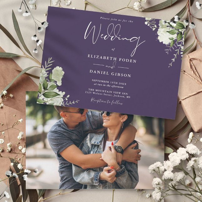Lila Botanische Grünen Foto Hochzeit Einladung (Purple Botanical Greenery Photo Wedding Invitation)