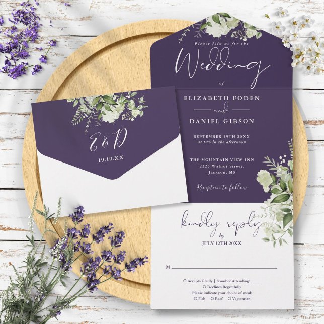 Lila Botanische Grünpflanzen-Monogramm-Hochzeit All In One Einladung (Purple Botanical Greenery Monogram Wedding All In One Invitation)