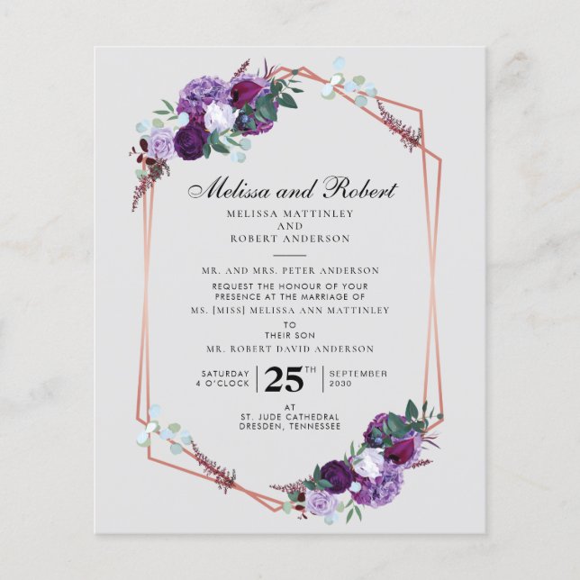 Lila botanische Hochzeitseinladung (Vorderseite)
