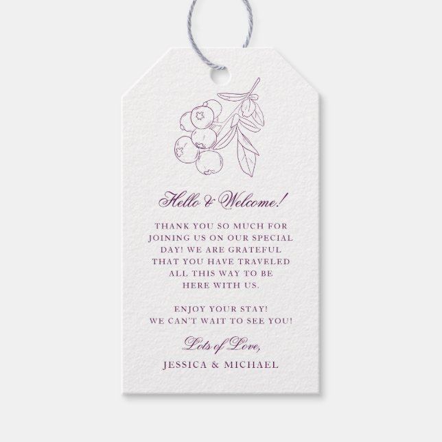Lila botanische Kontur Elegante Hochzeit Willkomme Geschenkanhänger (Vorderseite)