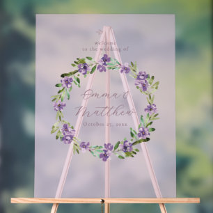 Lila botanischer Kranz Hochzeits-Willkommensschild Acrylschild
