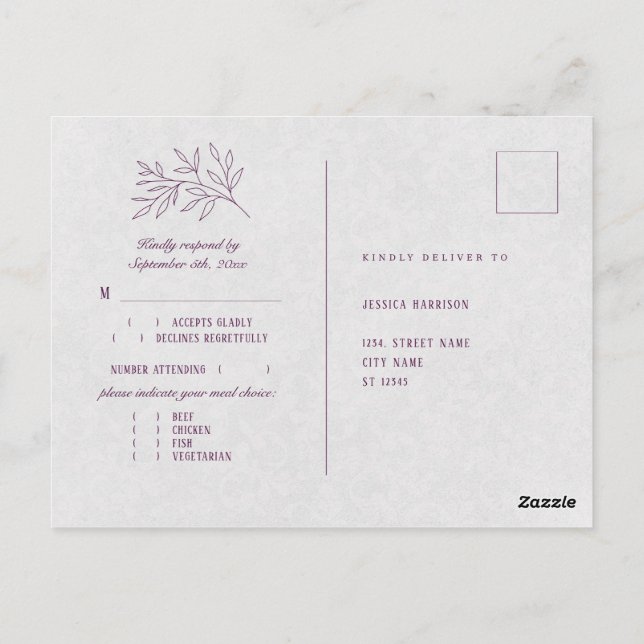 Lila botanisches Elegantes Hochzeitsessen UAWG Postkarte (Rückseite)