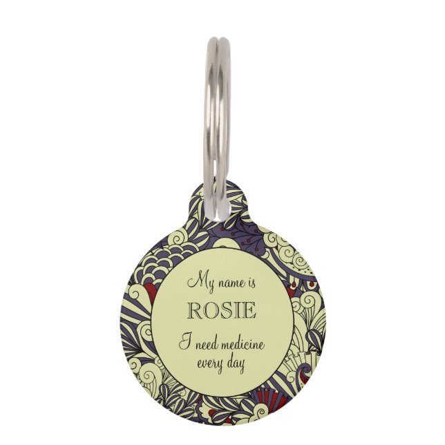 Lila botanisches Muster Personalisiert Klein Haustiermarke (Vorderseite)