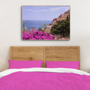 Lila Bougainvillea mit Blick auf Positano Poster