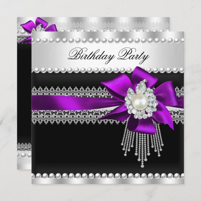 Lila Bow Black Pearl Lace Pearl Birthday Party Einladung (Vorne/Hinten)