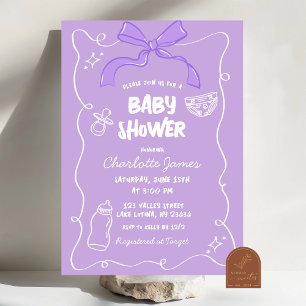 Lila Bow Quirky Illustriert Baby Dusche Einladung