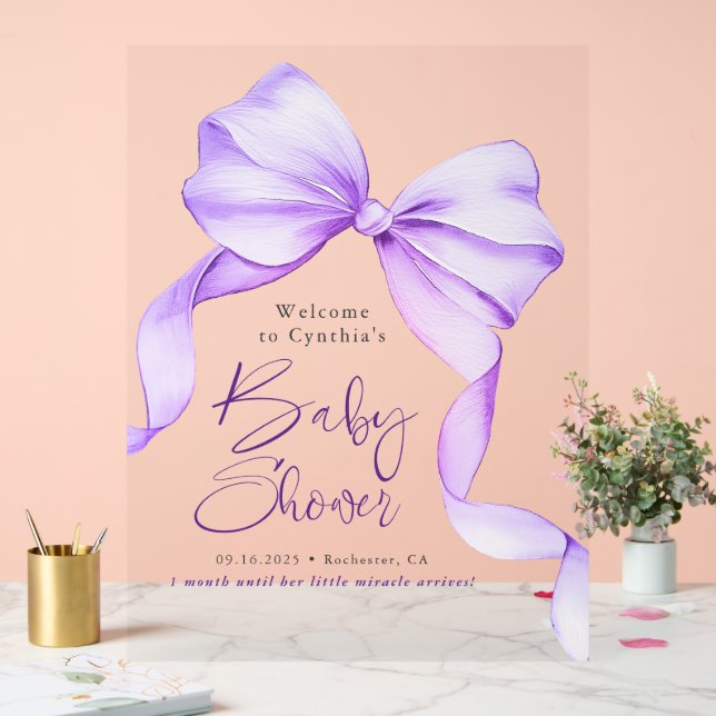 Lila Bow Ribbon Babydusche Willkommen Acrylschild (Hochzeit)