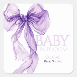 Lila Bow Watercolor Baby in Bloom Baby Dusche Quadratischer Aufkleber