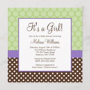 Lila-Braun-Green-Polka-Dot-Girl-Babydusche Einladung